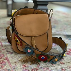 Tan floral strap bag